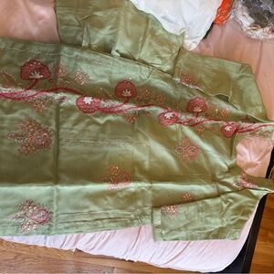 Embroidered Green Kurta with Pink Accents